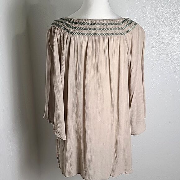 Umgee Bohemian Tan Top, Dark Green & Orange Trim & Tassels, Size Medium, NWOT - Picture 7 of 10